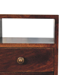 Mini Classic Bedside Table | Solid Mango Wood | California Walnut Finish | 2 Drawer Nightstand with Open Shelf