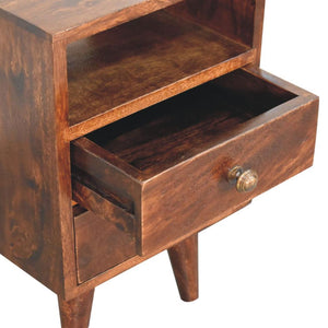 Mini Classic Bedside Table | Solid Mango Wood | California Walnut Finish | 2 Drawer Nightstand with Open Shelf