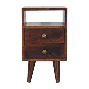 Mini Classic Bedside Table | Solid Mango Wood | California Walnut Finish | 2 Drawer Nightstand with Open Shelf