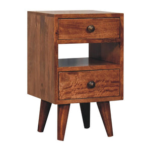 Mini Classic Bedside Table | Solid Mango Wood | Honey Caramel Finish | 2 Drawer Nightstand with Open Shelf