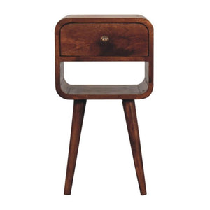 Mini Curved Bedside Table | Solid Mango Wood | Honey Caramel Finish | 1 Drawer Nightstand with Open Shelf