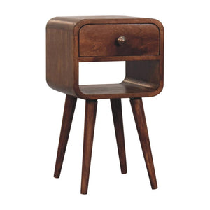 Mini Curved Bedside Table | Solid Mango Wood | Honey Caramel Finish | 1 Drawer Nightstand with Open Shelf