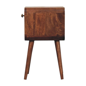 Mini Curved Bedside Table | Solid Mango Wood | Honey Caramel Finish | 1 Drawer Nightstand with Open Shelf