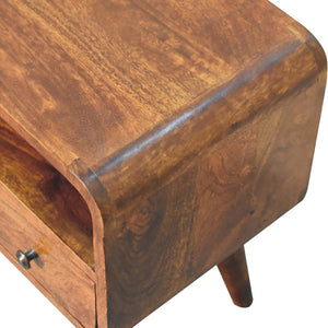 Mini Curved Media Unit | Solid Mango Wood | Chestnut Finish | 1 Drawer & Open Shelf