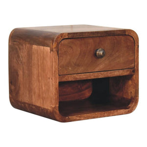 Mini Floating Bedside Table | Solid Mango Wood | Honey Caramel Finish | Wall Mounted with Drawer & Open Shelf