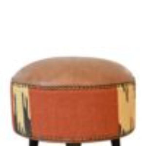 Mixed Durrie & Leather Footstool | Textured Upholstery | Artisan Accent Seating