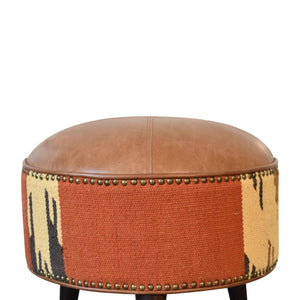 Mixed Durrie & Leather Footstool | Textured Upholstery | Artisan Accent Seating