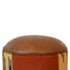 Mixed Durrie & Leather Footstool | Textured Upholstery | Artisan Accent Seating