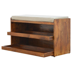 Mud Linen Shoe Storage Bench | 2 Pull-Out Compartments | Mango Wood