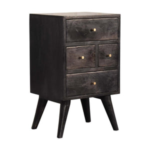 Multi-Drawer Ash Black Bedside Table | Solid Mango Wood | 4 Drawers | Nordic Style