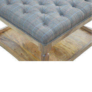 Multi Tweed Footstool | Lower Storage Shelf | Solid Mango Wood