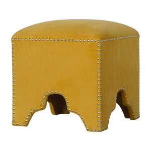 Mustard Velvet Studded Footstool | Cotton Velvet | Gold-Tone Nailhead Trim