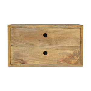 Oak Finish Wall Mounted Bedside Table | 2 Drawers | Solid Mango Wood