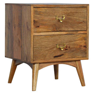 Oak-Style Bedside Table | 2 Drawers | Brass Label Holder Handles