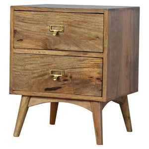 Oak-Style Bedside Table | 2 Drawers | Brass Label Holder Handles