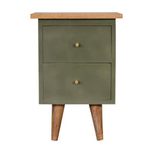 Olive Hand Painted Bedside Table | Solid Mango Wood | Oak Finish | 2 Drawer Nightstand