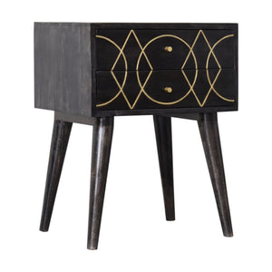 Oslo Brass Inlay Bedside Table | Solid Mango Wood | Ash Black Finish | 2 Drawers