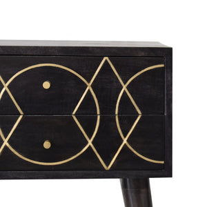 Oslo Brass Inlay Bedside Table | Solid Mango Wood | Ash Black Finish | 2 Drawers