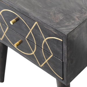 Oslo Brass Inlay Bedside Table | Solid Mango Wood | Ash Black Finish | 2 Drawers