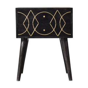 Oslo Brass Inlay Bedside Table | Solid Mango Wood | Ash Black Finish | 2 Drawers