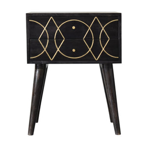 Oslo Brass Inlay Bedside Table | Solid Mango Wood | Ash Black Finish | 2 Drawers