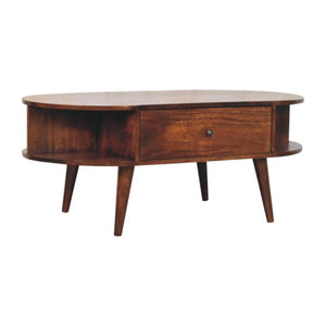 Oval Coffee Table | Solid Mango Wood | Chestnut Finish | 1 Drawer & 2 Open Shelves