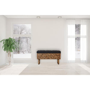 Pineapple Carved Bench | Black Tweed Upholstery | Statement Accent Seating