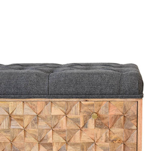 Pineapple Carved Bench | Black Tweed Upholstery | Statement Accent Seating