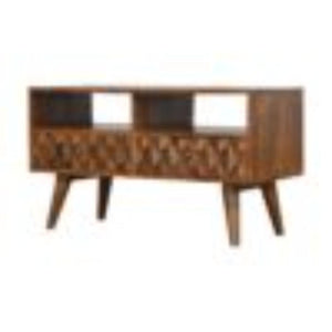 Pineapple Carved Media Unit | Solid Mango Wood | Chestnut Finish | TV Storage Console