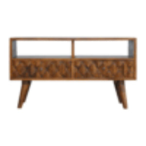 Pineapple Carved Media Unit | Solid Mango Wood | Chestnut Finish | TV Storage Console