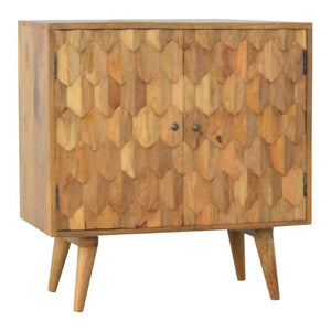 Pineapple Carved Storage Cabinet | Solid Mango Wood | Oak Finish | 2 Door Accent Cabinet