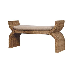 Rattan Weave Bouclé Bench | Solid Mango Wood | Natural Cane | Cream Upholstered Seat