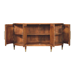 Ravello Curved Sideboard | Solid Mango Wood | Amber Oak Finish | 4 Door Storage Cabinet