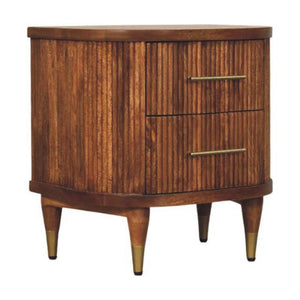 Ribbed Bedside Table with Brass Accents | Textured Wooden Nightstand