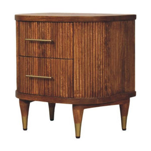 Ribbed Bedside Table with Brass Accents | Textured Wooden Nightstand