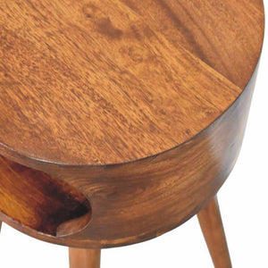 Round Chestnut Bedside Table | Solid Mango Wood | Open Shelf | Curved Nightstand