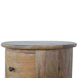 Round Drum Bedside Table | Solid Mango Wood | Oak Finish | 3 Drawer Nightstand