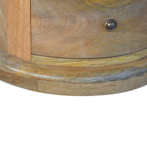 Round Mango Wood Drum Bedside Table | 3 Drawers | Oak-Style Finish