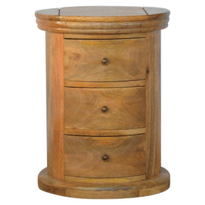 Round Mango Wood Drum Bedside Table | 3 Drawers | Oak-Style Finish