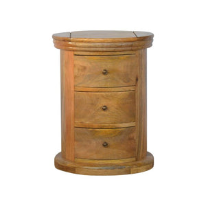Round Mango Wood Drum Bedside Table | 3 Drawers | Oak-Style Finish