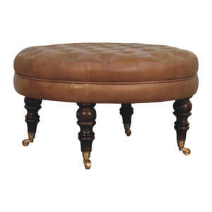 Round Ottoman | Brown Buffalo Leather | Castor Legs