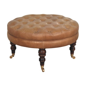 Round Ottoman | Brown Buffalo Leather | Castor Legs