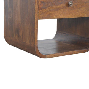 Rounded Mango Wood Bedside Table | Chestnut Finish | Drawer & Open Shelves