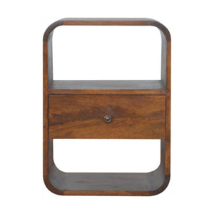 Rounded Mango Wood Bedside Table | Chestnut Finish | Drawer & Open Shelves