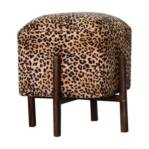 Safari Leopard Footstool | Cotton Velvet | Solid Mango Wood Legs | Walnut Finish