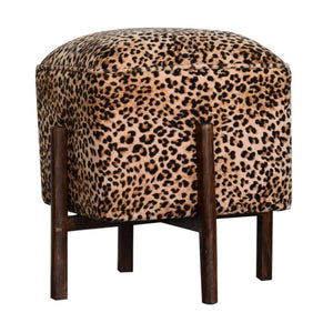 Safari Leopard Footstool | Cotton Velvet | Solid Mango Wood Legs | Walnut Finish