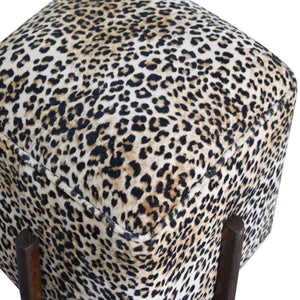 Safari Leopard Footstool | Cotton Velvet | Solid Mango Wood Legs | Walnut Finish