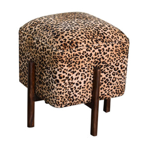 Safari Leopard Footstool | Cotton Velvet | Solid Mango Wood Legs | Walnut Finish