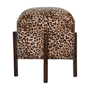 Safari Leopard Footstool | Cotton Velvet | Solid Mango Wood Legs | Walnut Finish