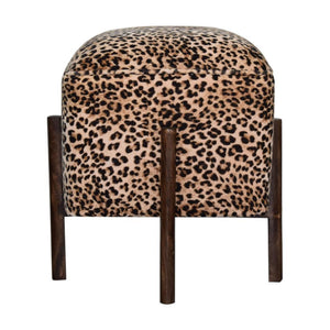 Safari Leopard Footstool | Cotton Velvet | Solid Mango Wood Legs | Walnut Finish